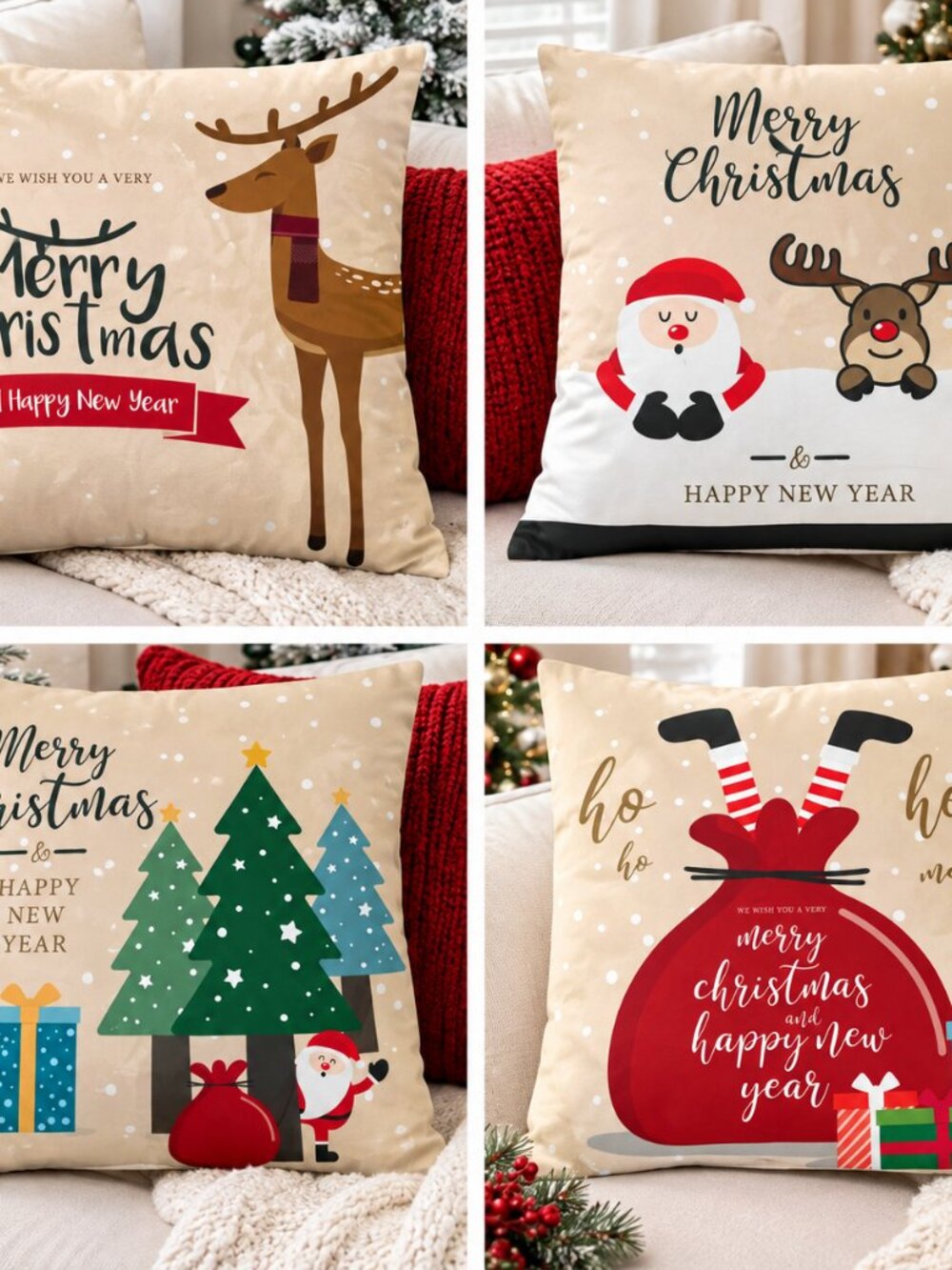 Set of 4 Christmas Pillow Covers Santa Reindeer Tree Holiday Couch Decor